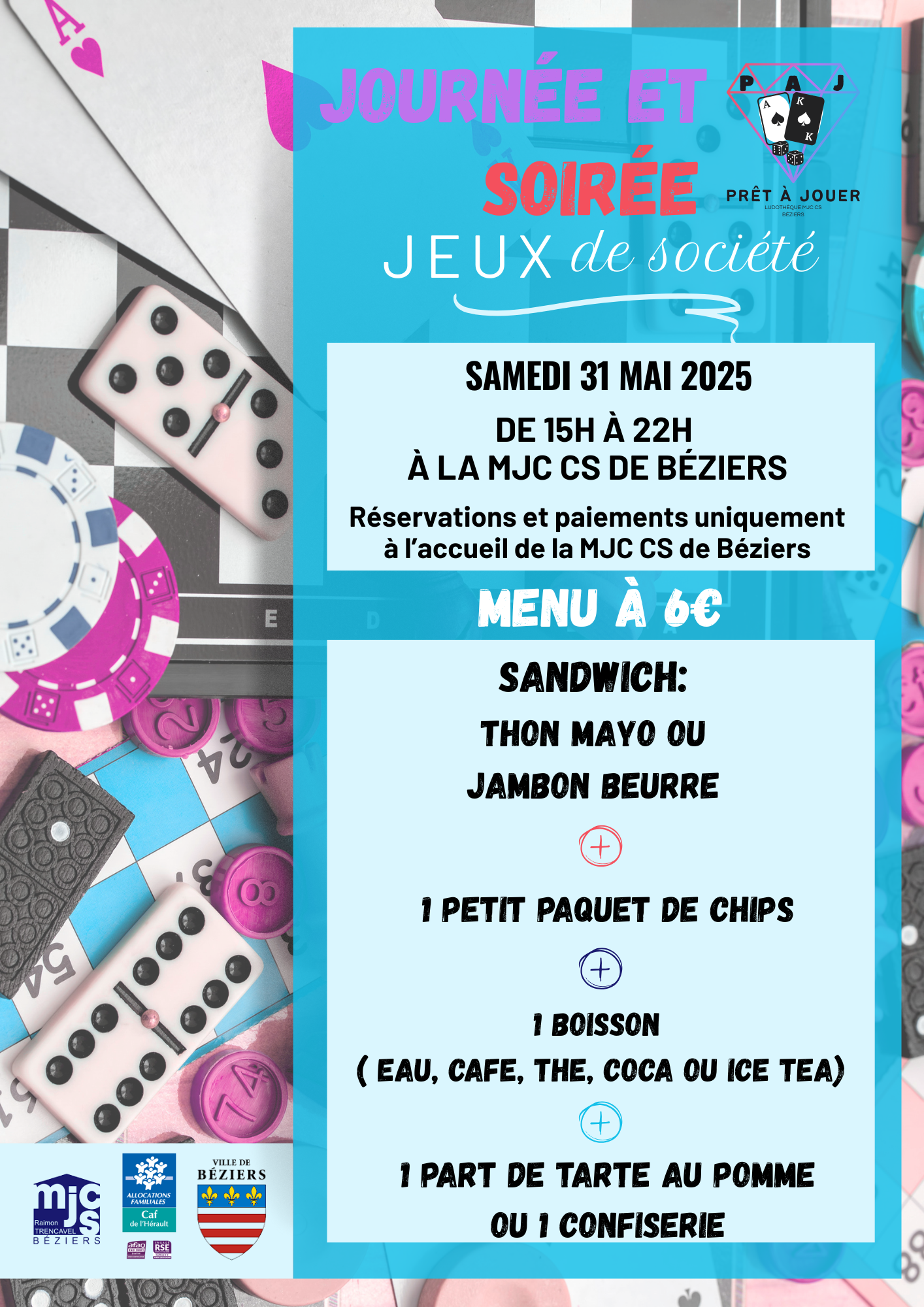 affiche soirée jeux de société moderne illustré blanc bleu